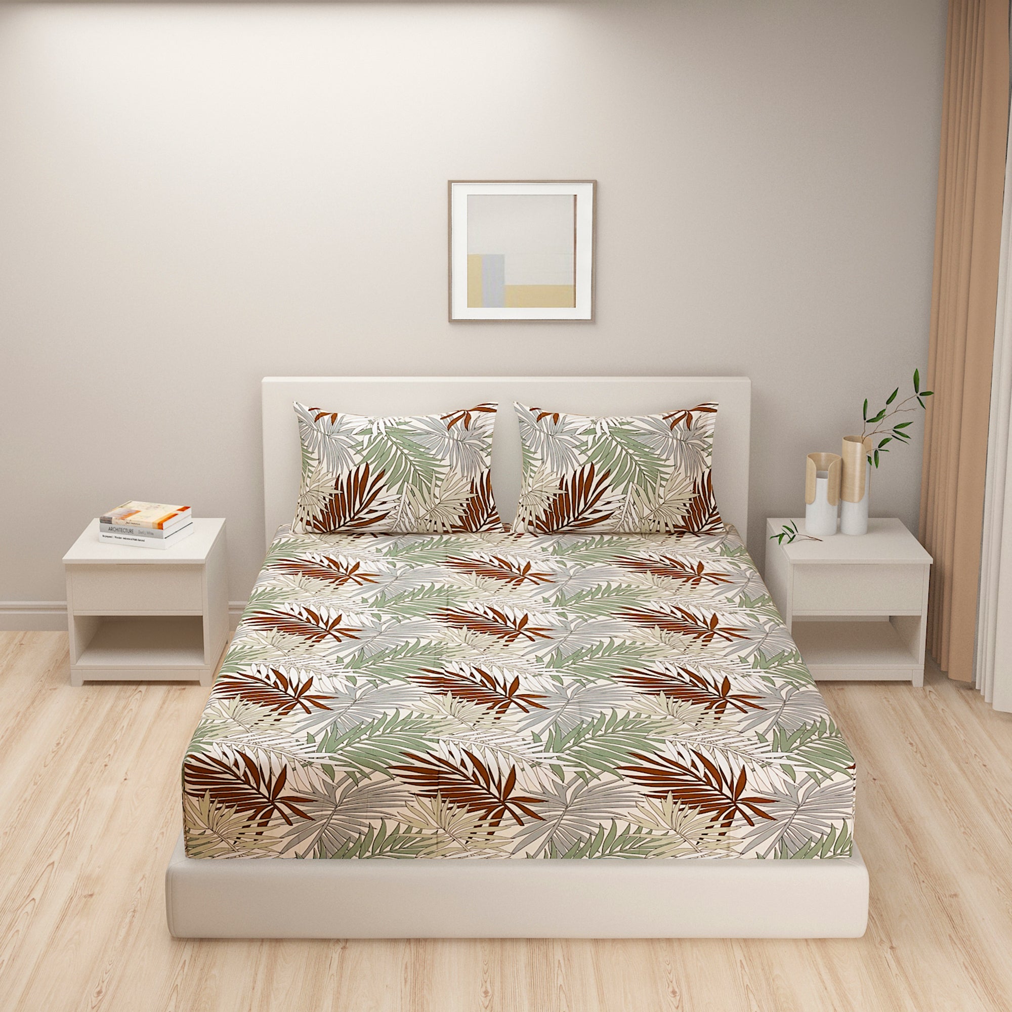 Tropical Palm Haven Blended Cotton Double Queen Bedsheet with 2 Pillow Covers - Nature-Inspired Leaf Print (90x100 inches)