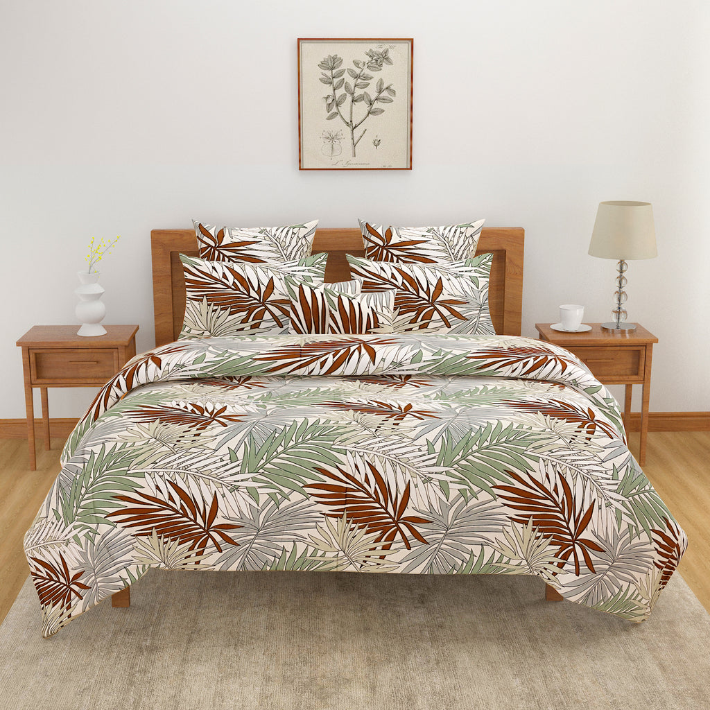 Tropical Palm Haven Blended Cotton Double Queen Bedsheet with 2 Pillow Covers - Nature-Inspired Leaf Print (90x100 inches)
