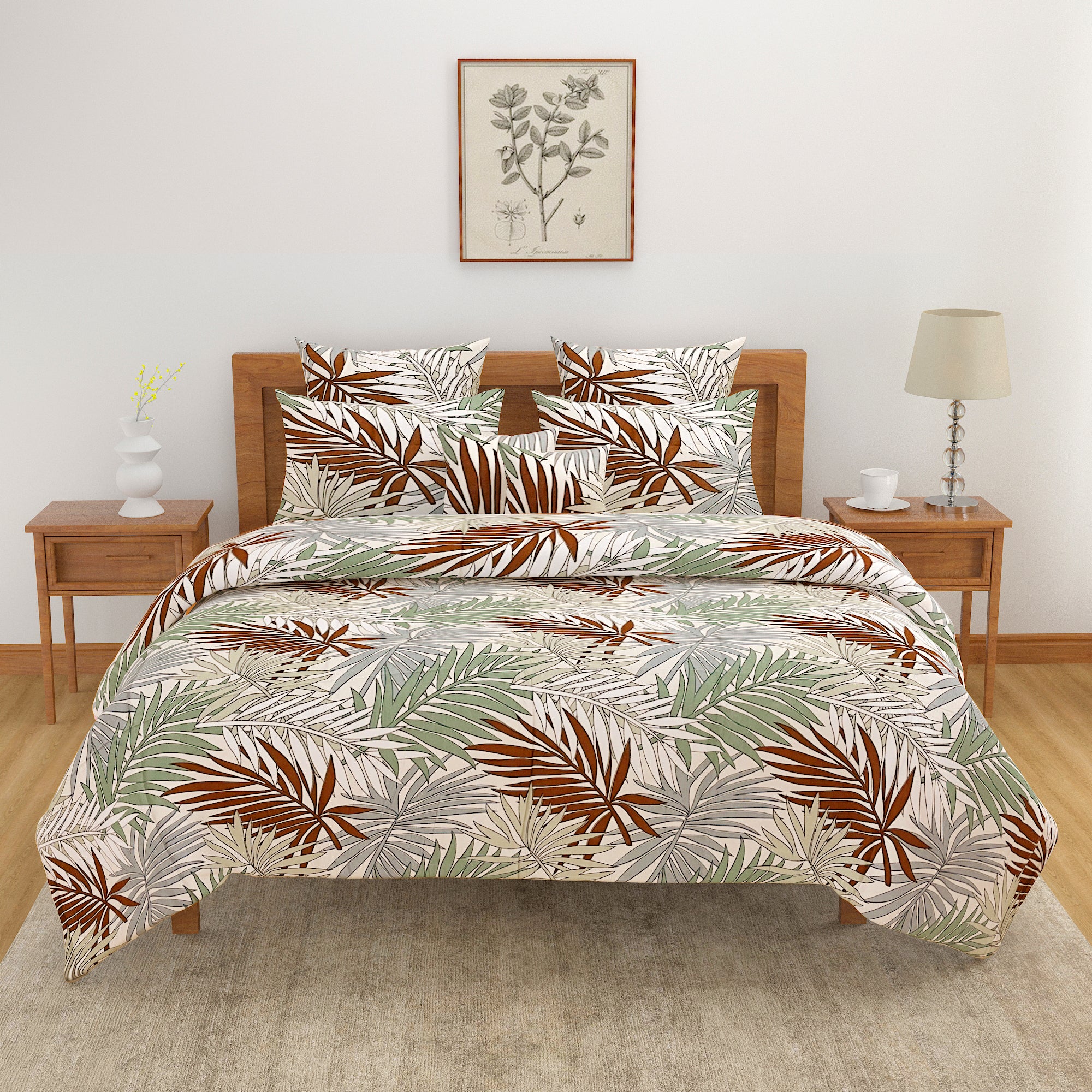Tropical Palm Haven Blended Cotton Double Queen Bedsheet with 2 Pillow Covers - Nature-Inspired Leaf Print (90x100 inches)