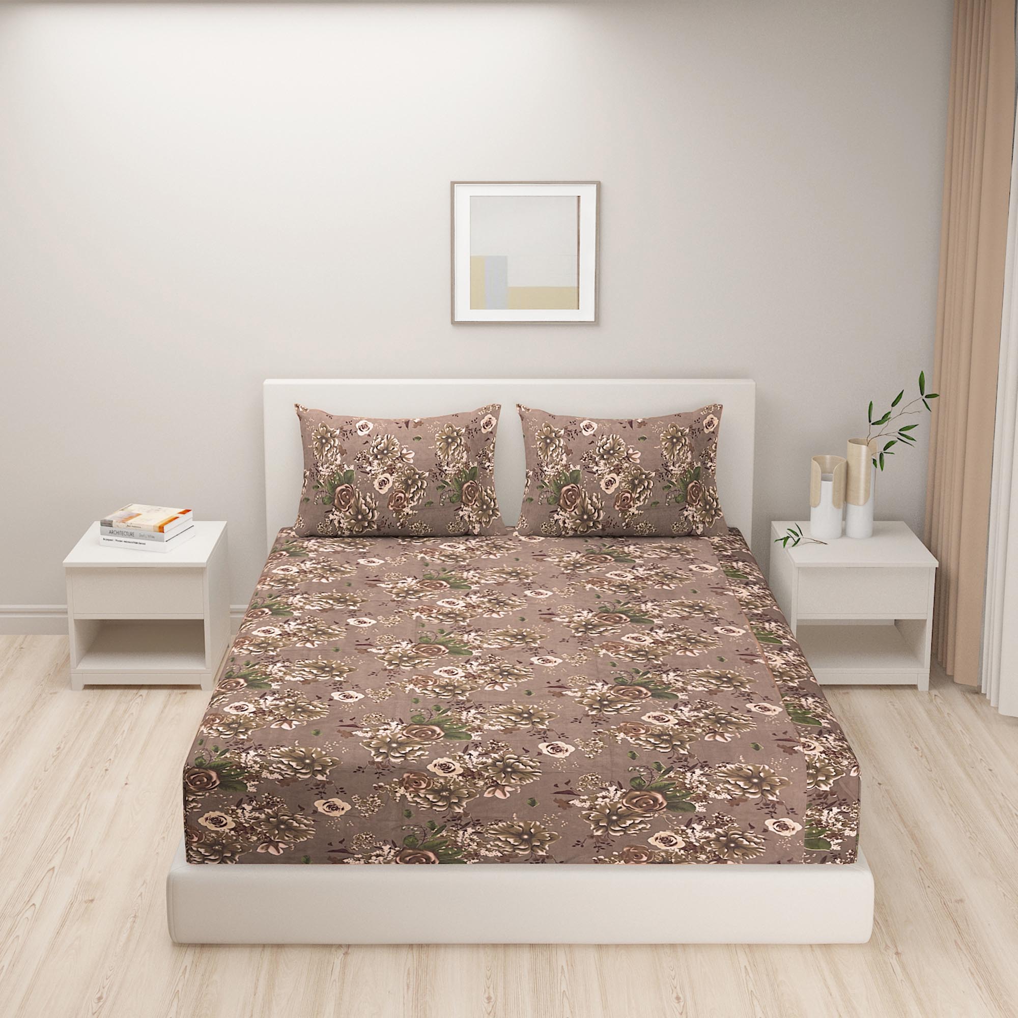 Vintage Rosewood Bloom Cotton Double Queen Bedsheet with 2 Pillow Covers - Classic Floral Elegance (90x100 inches)