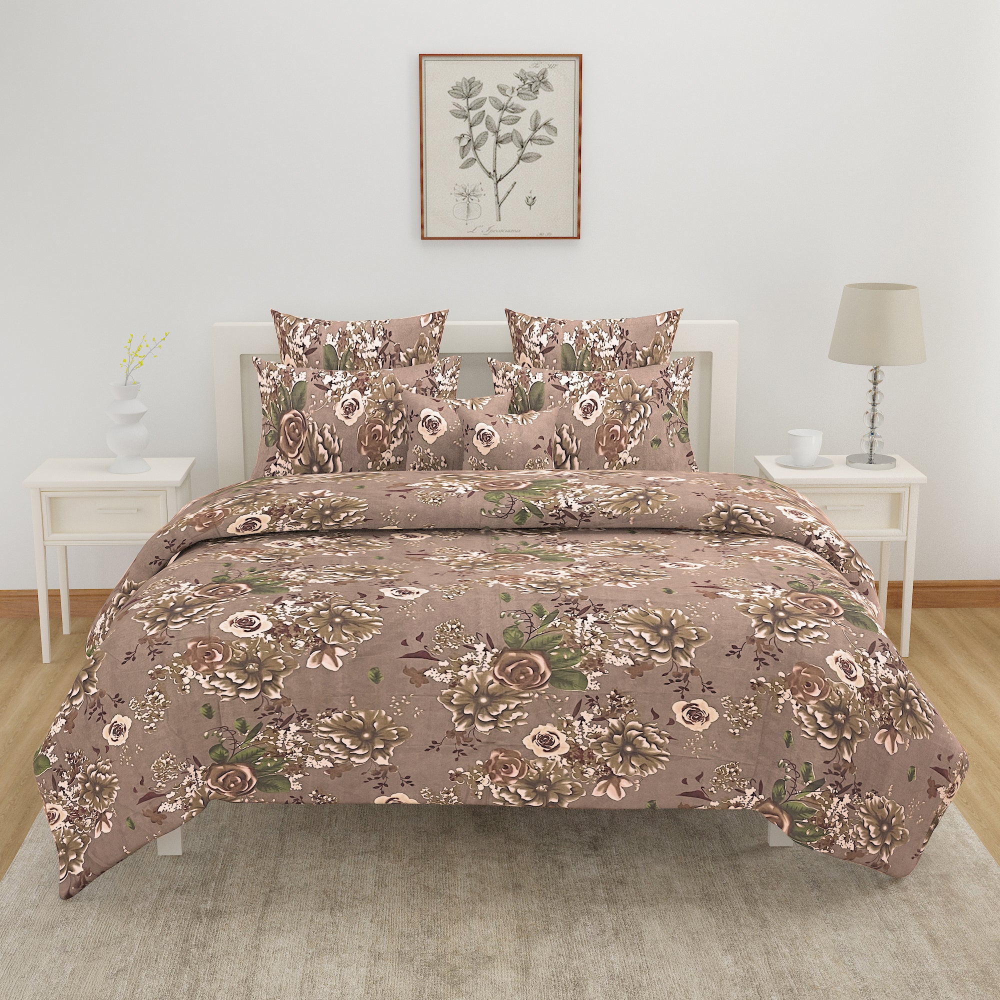 Vintage Rosewood Bloom Cotton Double Queen Bedsheet with 2 Pillow Covers - Classic Floral Elegance (90x100 inches)
