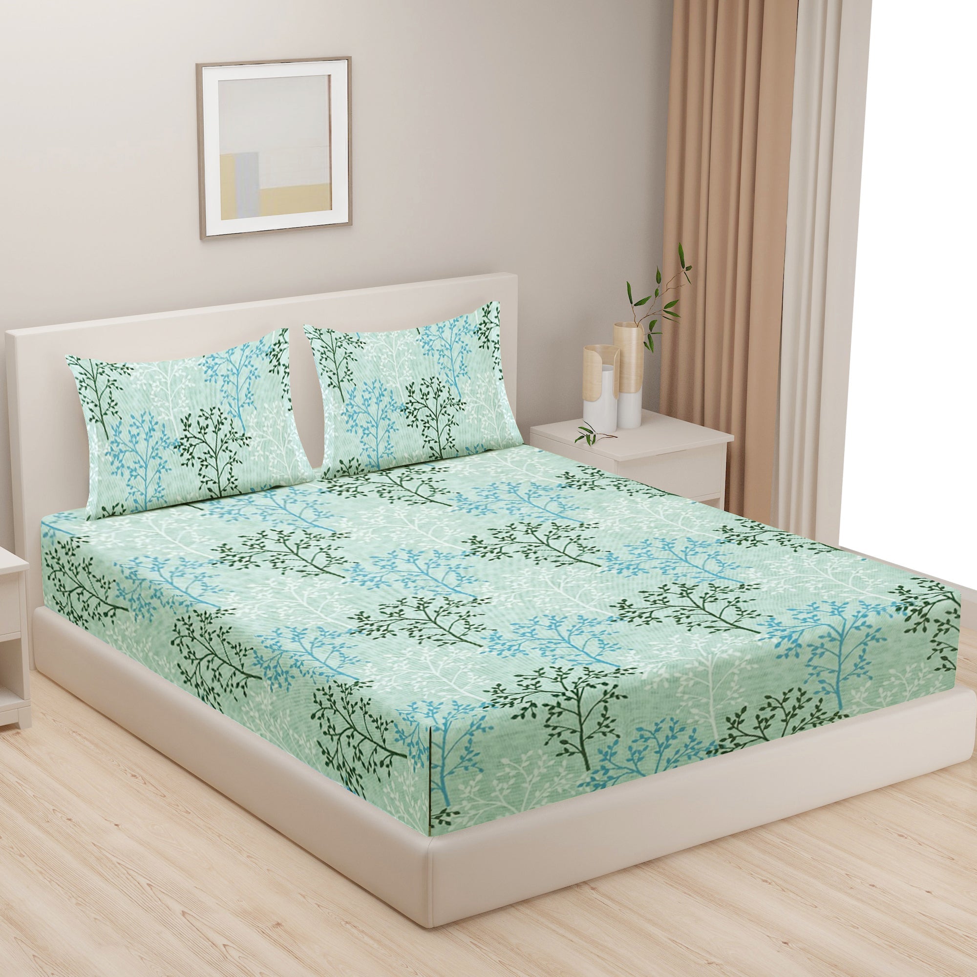 Aqua Meadow Breeze Cotton Blended Cotton Double King Bedsheet with 2 Pillow Covers - Nature-Inspired Botanical Print (90x108 inches)