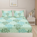 Aqua Meadow Breeze Cotton Blended Cotton Double Queen Bedsheet with 2 Pillow Covers - Nature-Inspired Botanical Print (90x100 inches)