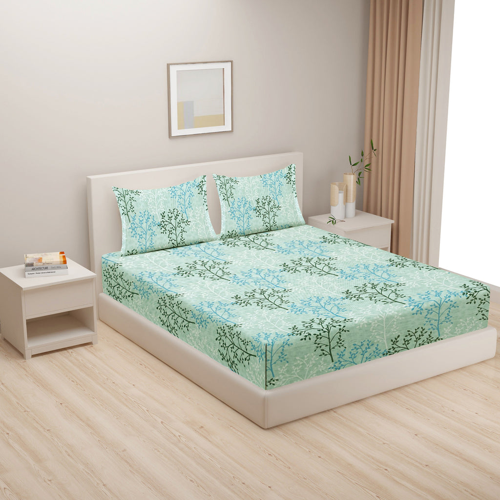 Aqua Meadow Breeze Cotton Blended Cotton Double Queen Bedsheet with 2 Pillow Covers - Nature-Inspired Botanical Print (90x100 inches)