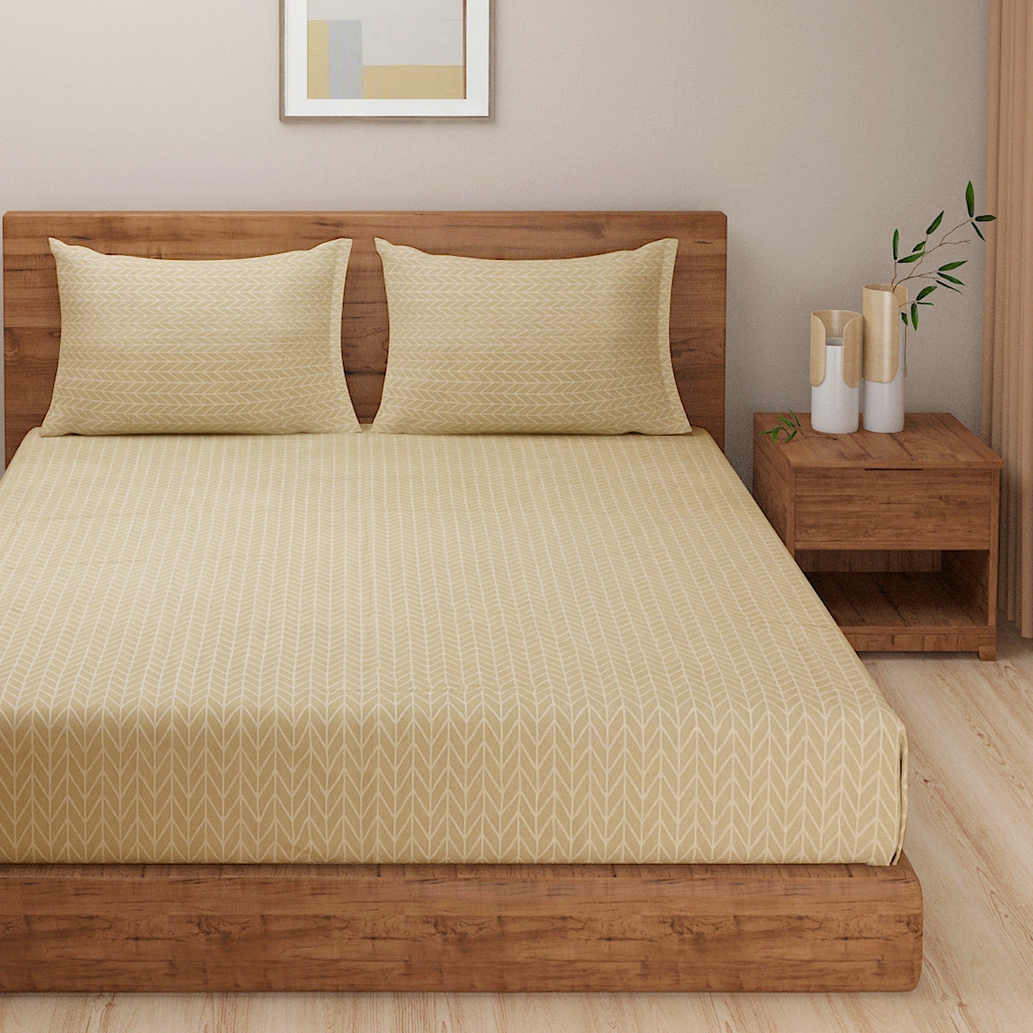 Beige Chevron Double Queen Bedsheet with 2 Pillow Covers - Minimal Everyday Style (90x100 inches)