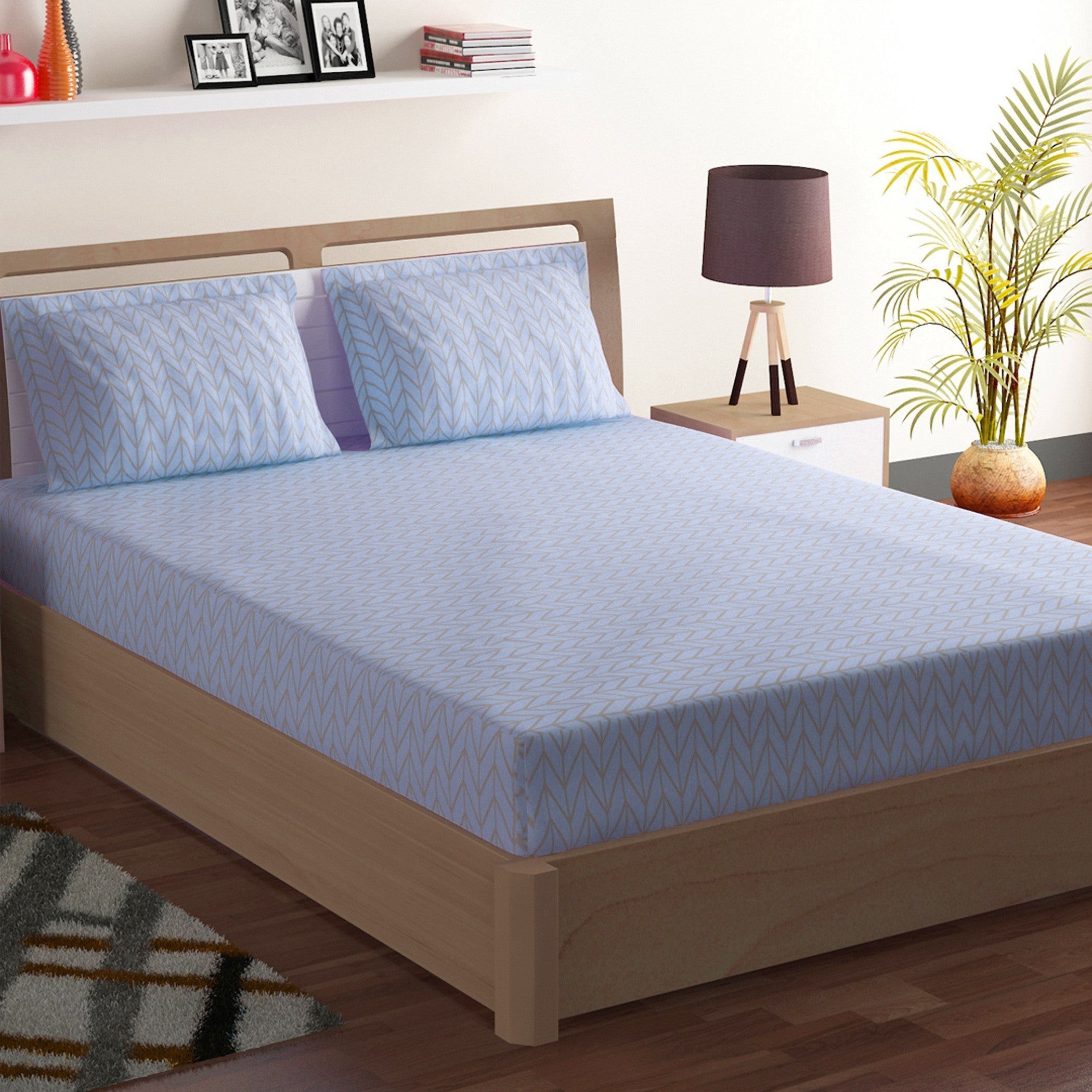 Sky Blue Minimal Chevron Double Queen Bedsheet with 2 Pillow Covers - Soft Everyday Comfort (90x100 inches)