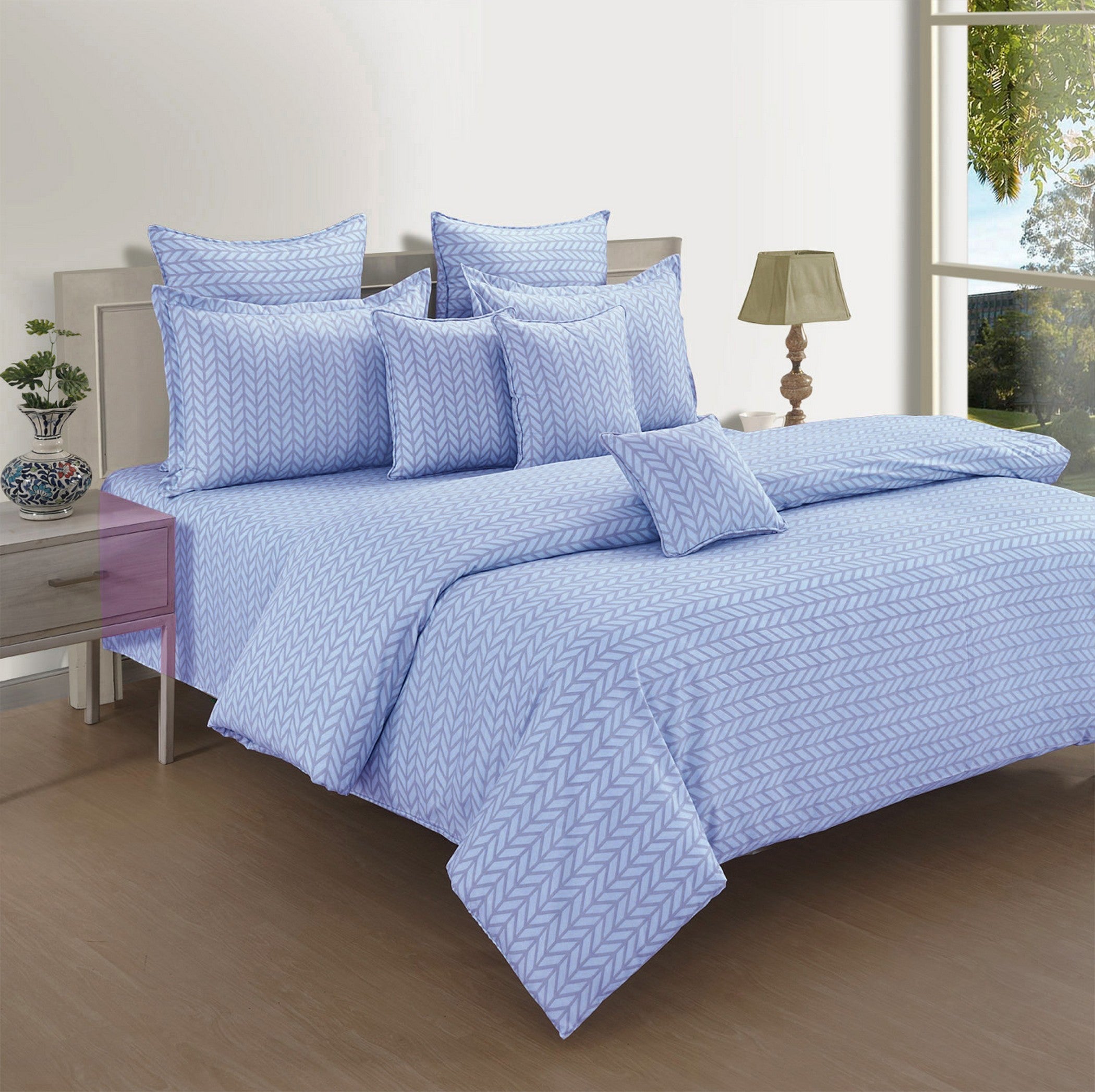 Sky Blue Minimal Chevron King Fitted Bedsheet with 2 Pillow Covers - Soft Everyday Comfort (72x78x10 inches)