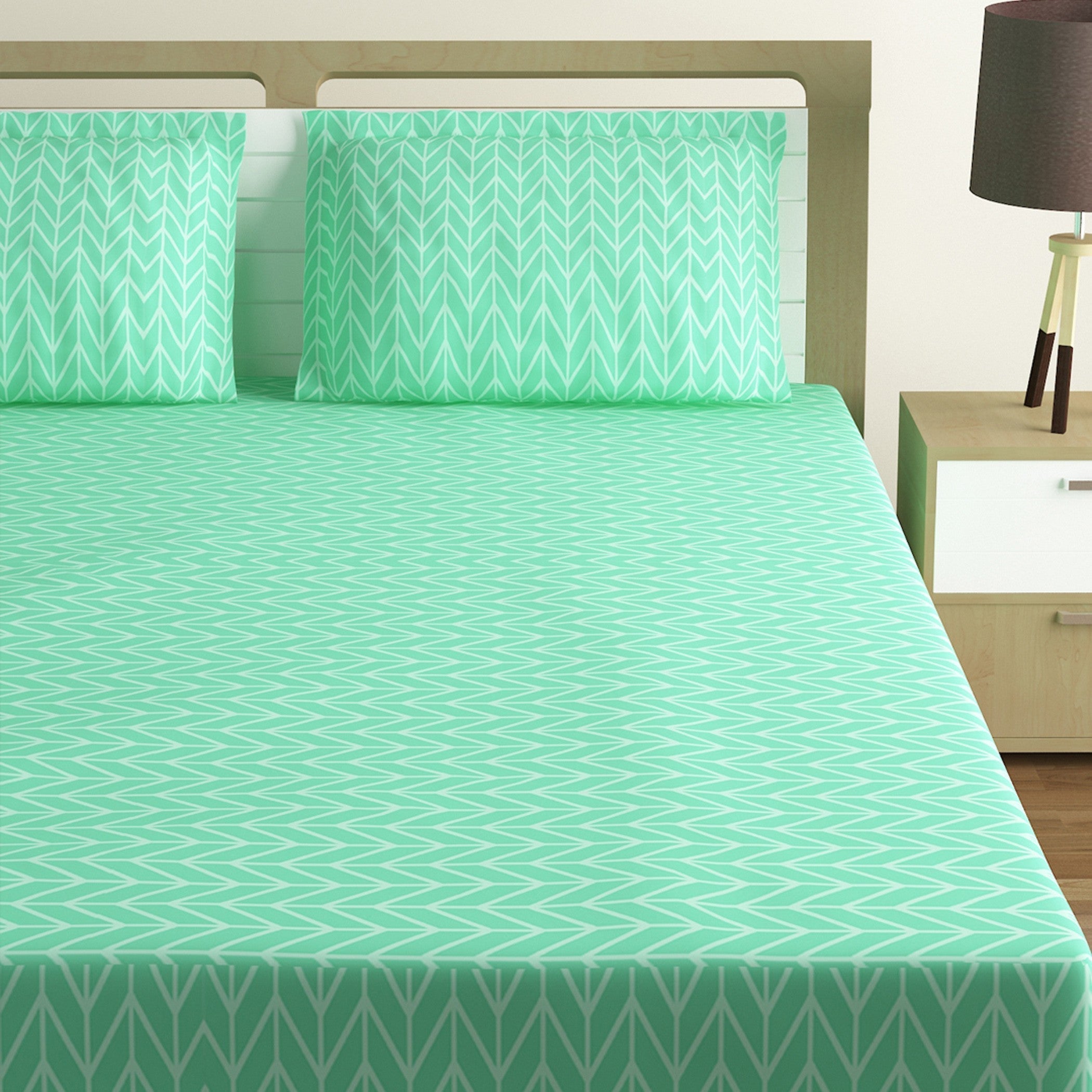 Mint Green Geometric Double Queen Bedsheet with 2 Pillow Covers - Soft & Minimal (90x100 inches)