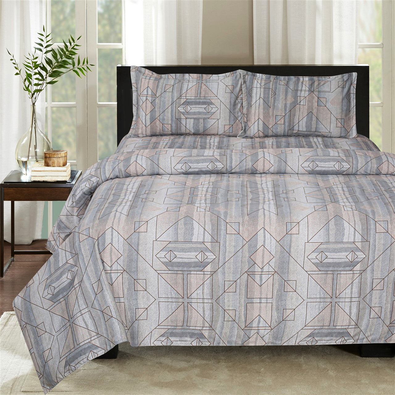 Modern Geo-Lines Double King Bedsheet with 2 Pillow Covers 200TC - Misty Grey (90x108 inches)