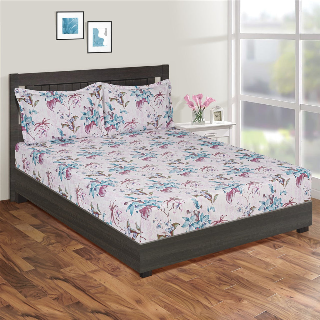 Lilac Breeze Floral King Fitted Bedsheet with 2 Pillow Covers 200TC - Soft Pastel Elegance (72x78x10 inches)