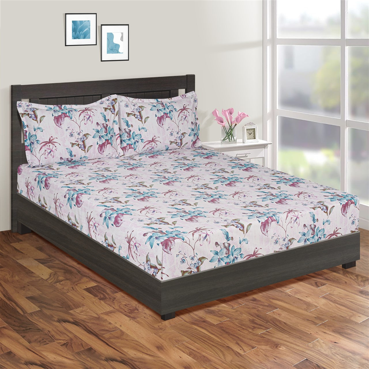 Lilac Breeze Floral King Fitted Bedsheet with 2 Pillow Covers 200TC - Soft Pastel Elegance (72x78x10 inches)