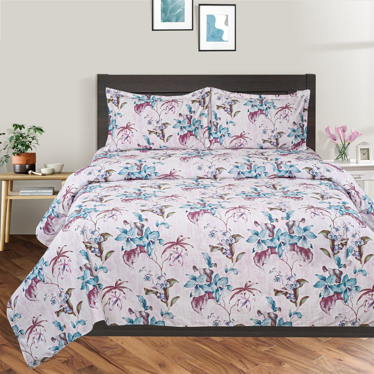 Lilac Breeze Floral Double King Bedsheet with 2 Pillow Covers 200TC - Soft Pastel Elegance (90x108 inches)