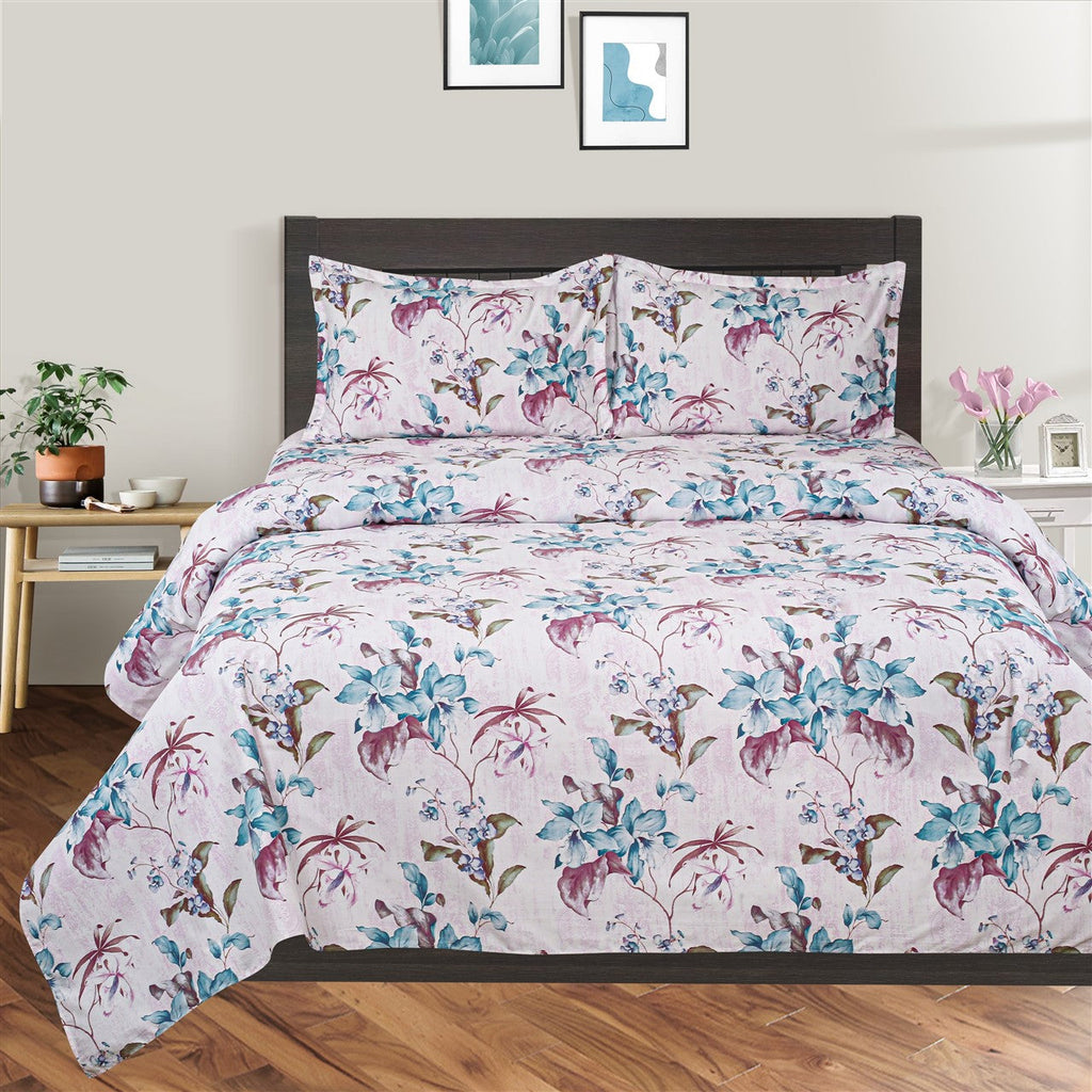 Lilac Breeze Floral King Fitted Bedsheet with 2 Pillow Covers 200TC - Soft Pastel Elegance (72x78x10 inches)