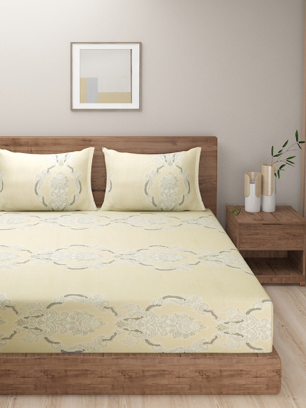 Pastel Yellow Royale Motif Double King Bedsheet with 2 Pillow Covers 200TC - Elegant Classic Design (90x108 inches)