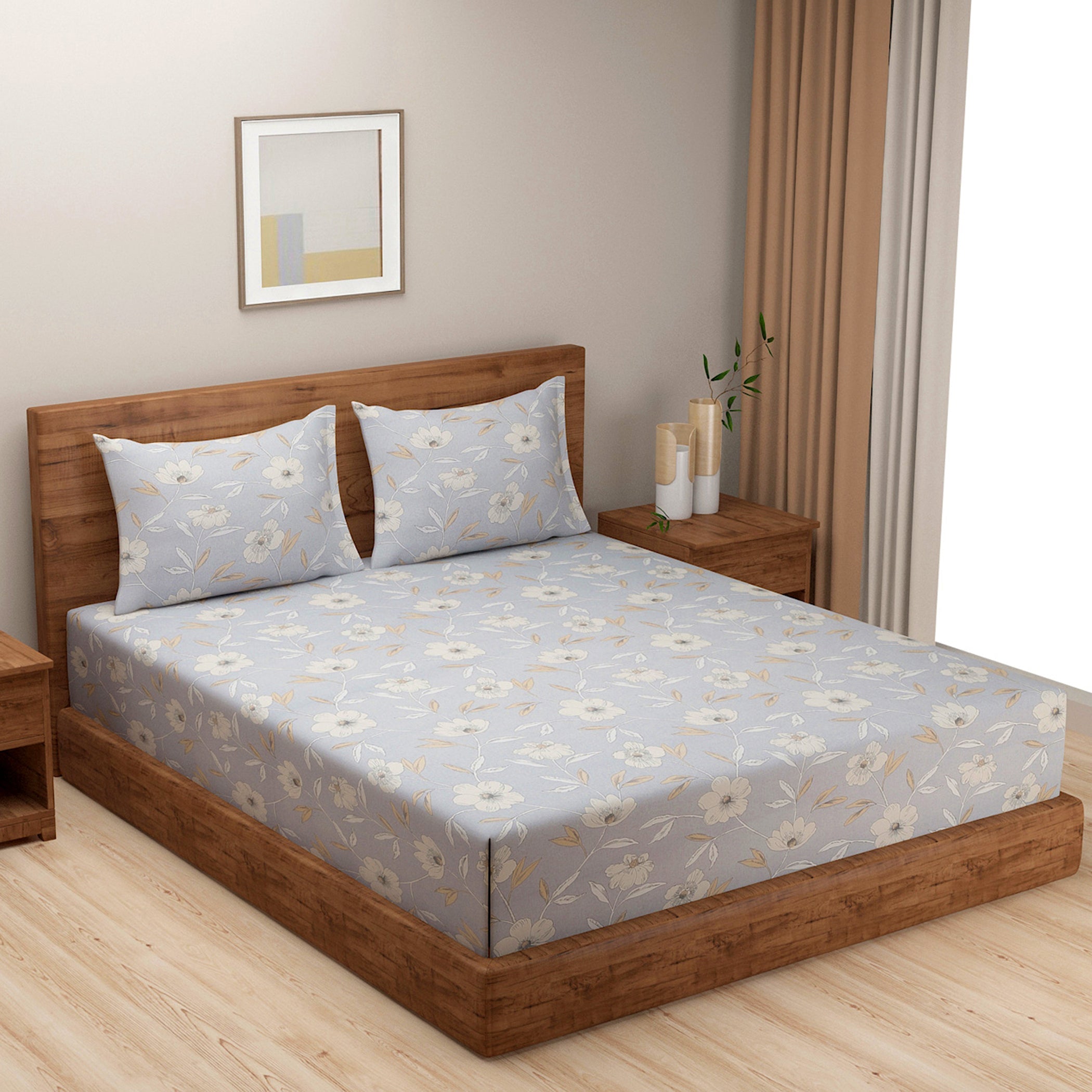 Soft Blue Floral Super King Bedsheet with 2 Pillow Covers 200TC - Elegant Pastel Design (108x108 inches)