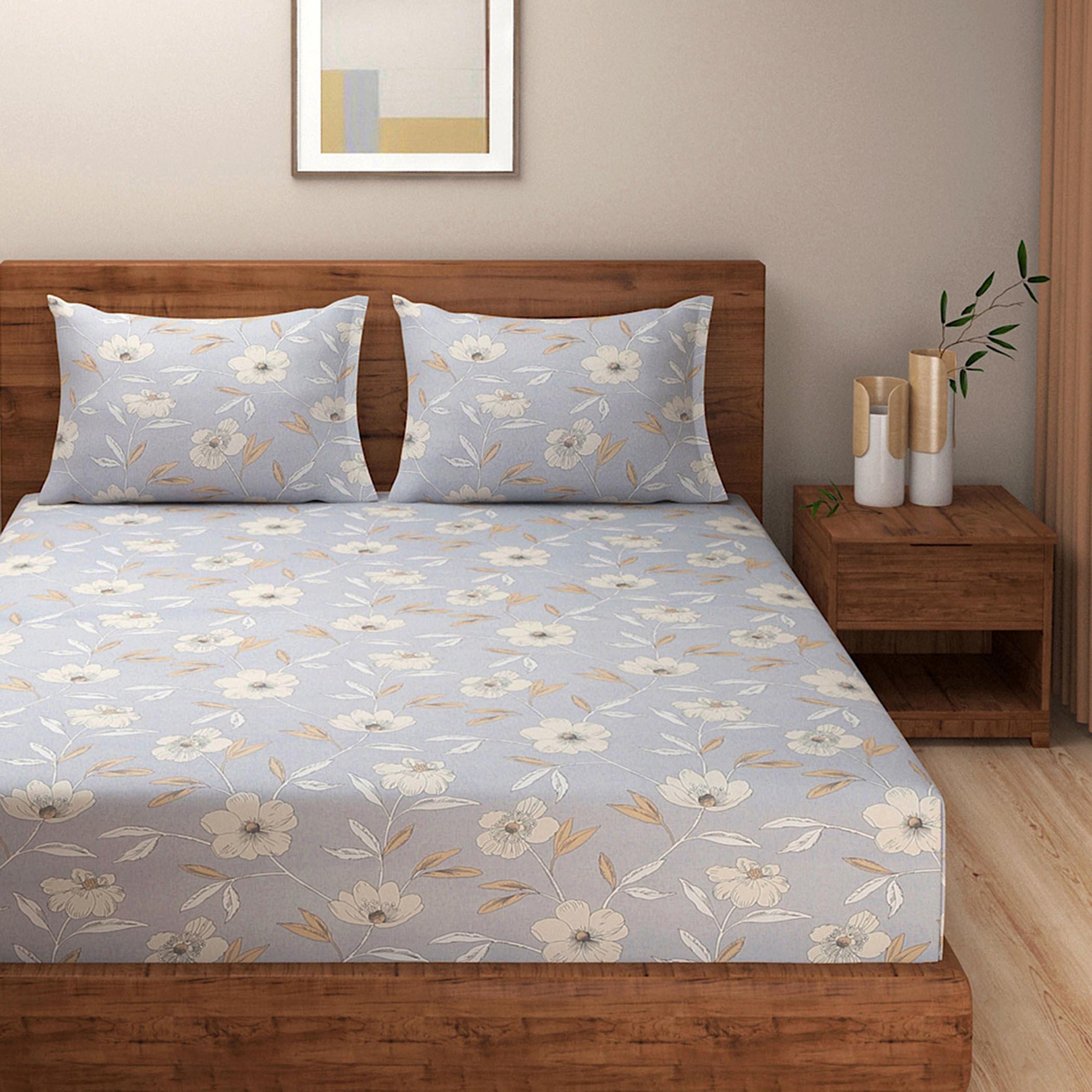Soft Blue Floral Super King Bedsheet with 2 Pillow Covers 200TC - Elegant Pastel Design (108x108 inches)