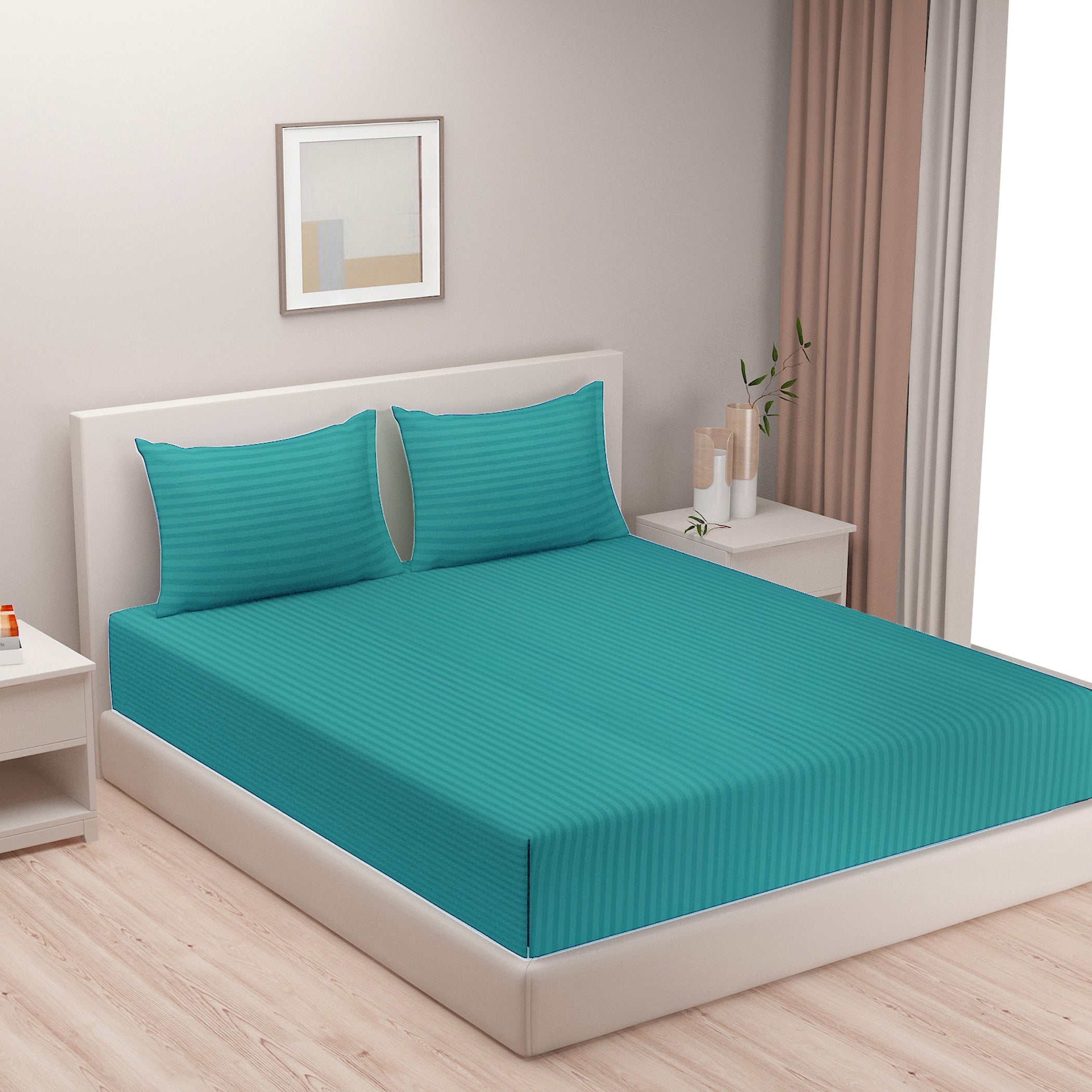 Teal Pinstripe Pure Cotton 300 TC Double King Bedsheet with 2 Pillow Covers (90x108 Inches)
