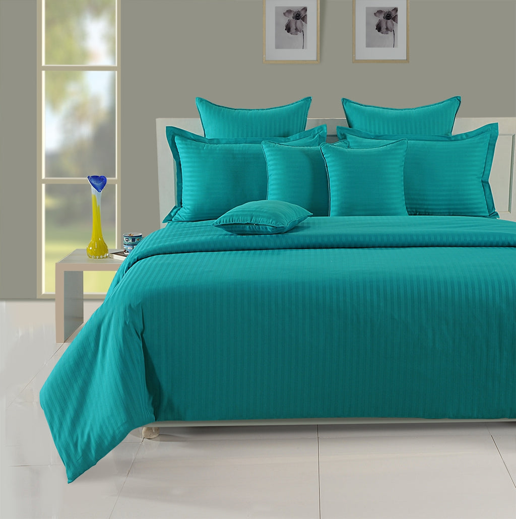 Teal Pinstripe Pure Cotton 300 TC Double King Bedsheet with 2 Pillow Covers (90x108 Inches)