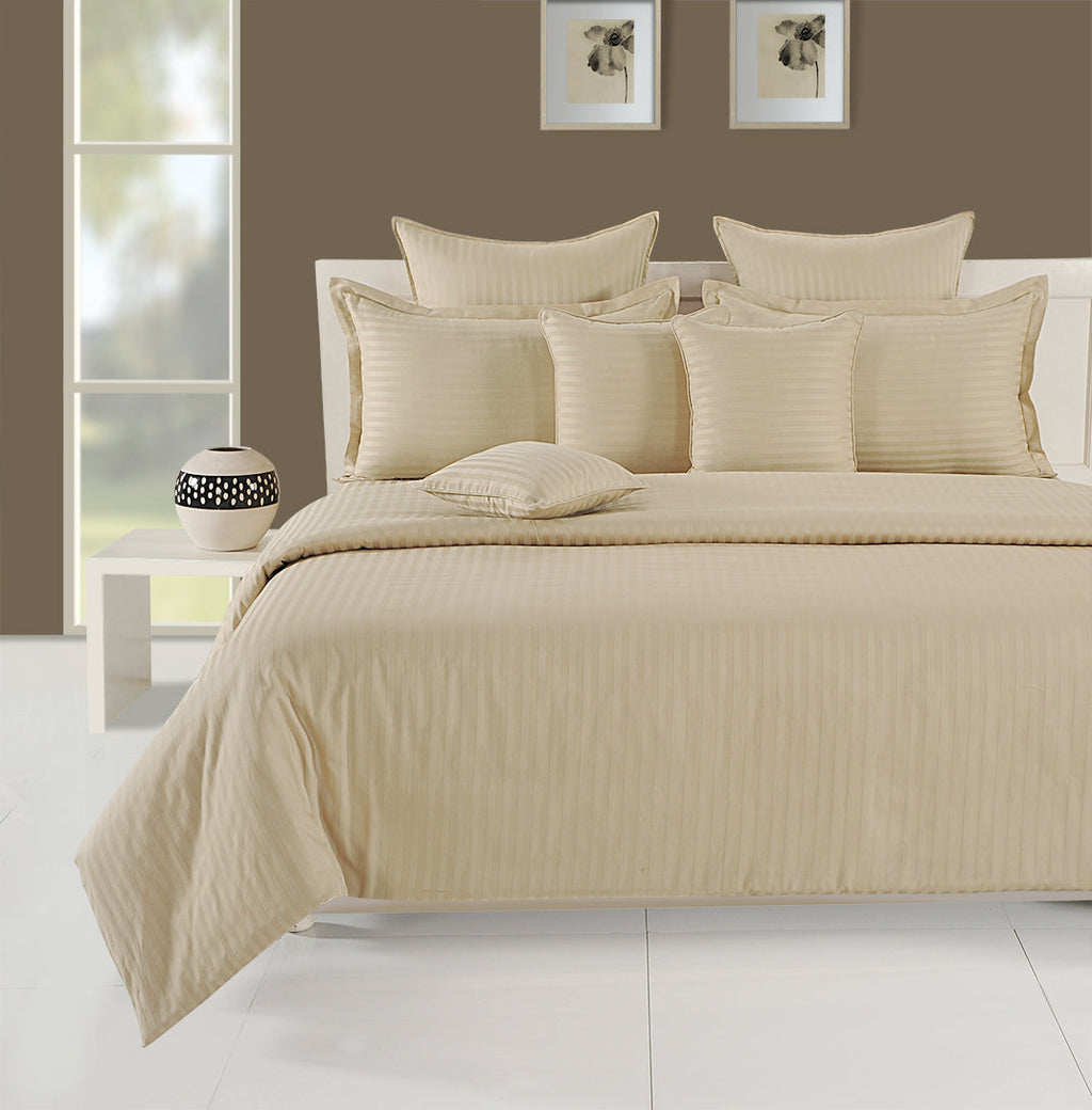 Beige Pinstripe Pure Cotton 300 TC Double King Bedsheet with 2 Pillow Covers (90x108 Inches)