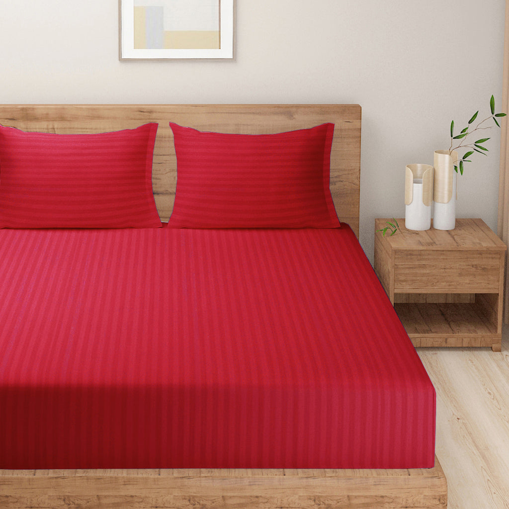 Crimson Red Pinstripe Pure Cotton 300 TC Double King Bedsheet with 2 Pillow Covers (90x108 Inches)