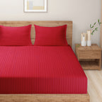 Crimson Red Pinstripe Pure Cotton 300 TC Double King Bedsheet with 2 Pillow Covers (90x108 Inches)
