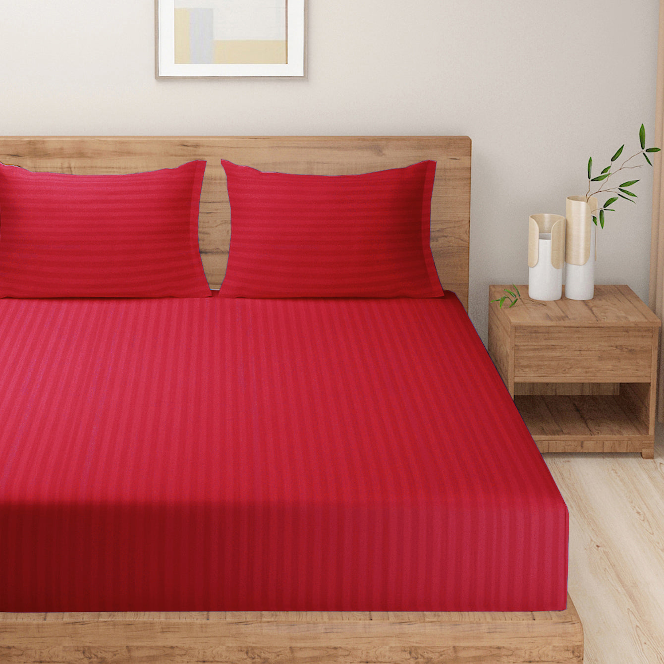 Crimson Red Pinstripe Pure Cotton 300 TC Double King Bedsheet with 2 Pillow Covers (90x108 Inches)