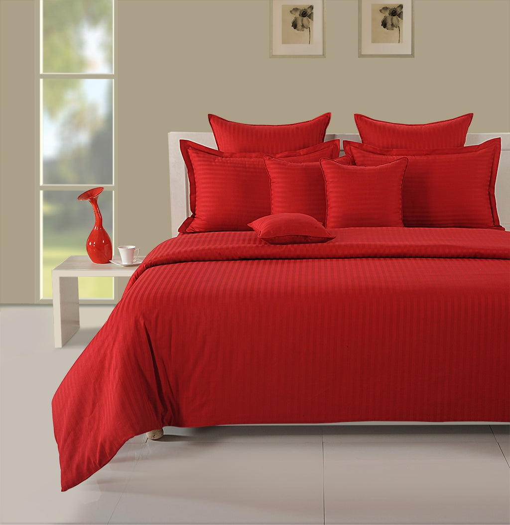 Crimson Red Pinstripe Pure Cotton 300 TC Double King Bedsheet with 2 Pillow Covers (90x108 Inches)