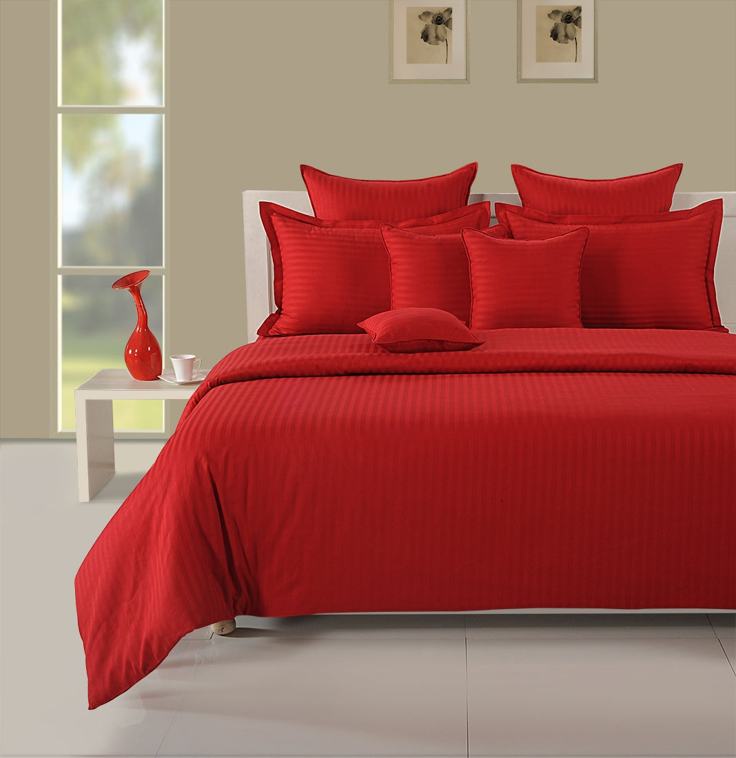Crimson Red Pinstripe Pure Cotton 300 TC Double King Bedsheet with 2 Pillow Covers (90x108 Inches)