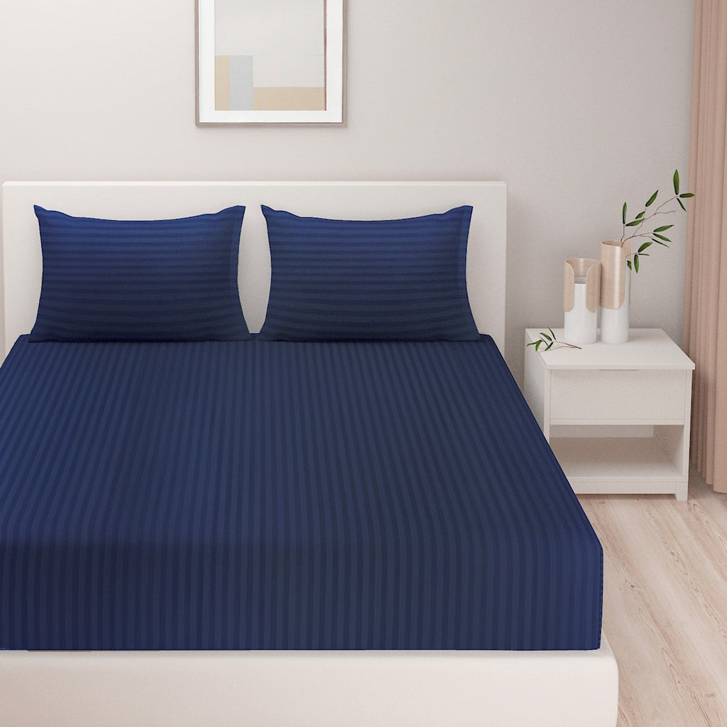 Navy Blue Pinstripe Pure Cotton 300 TC Double King Bedsheet with 2 Pillow Covers (90x108 Inches)