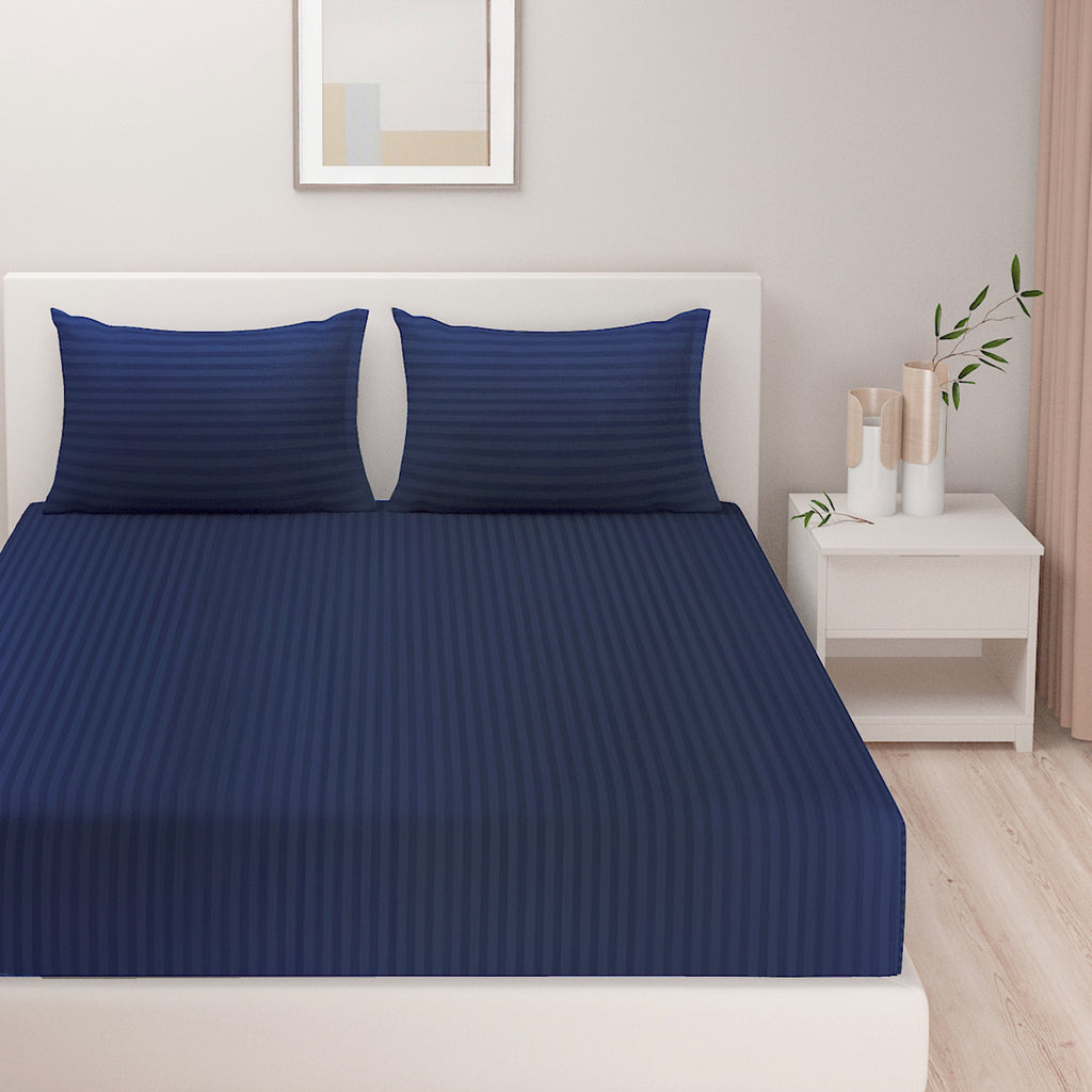 Navy Blue Pinstripe Pure Cotton 300 TC Double King Bedsheet with 2 Pillow Covers (90x108 Inches)