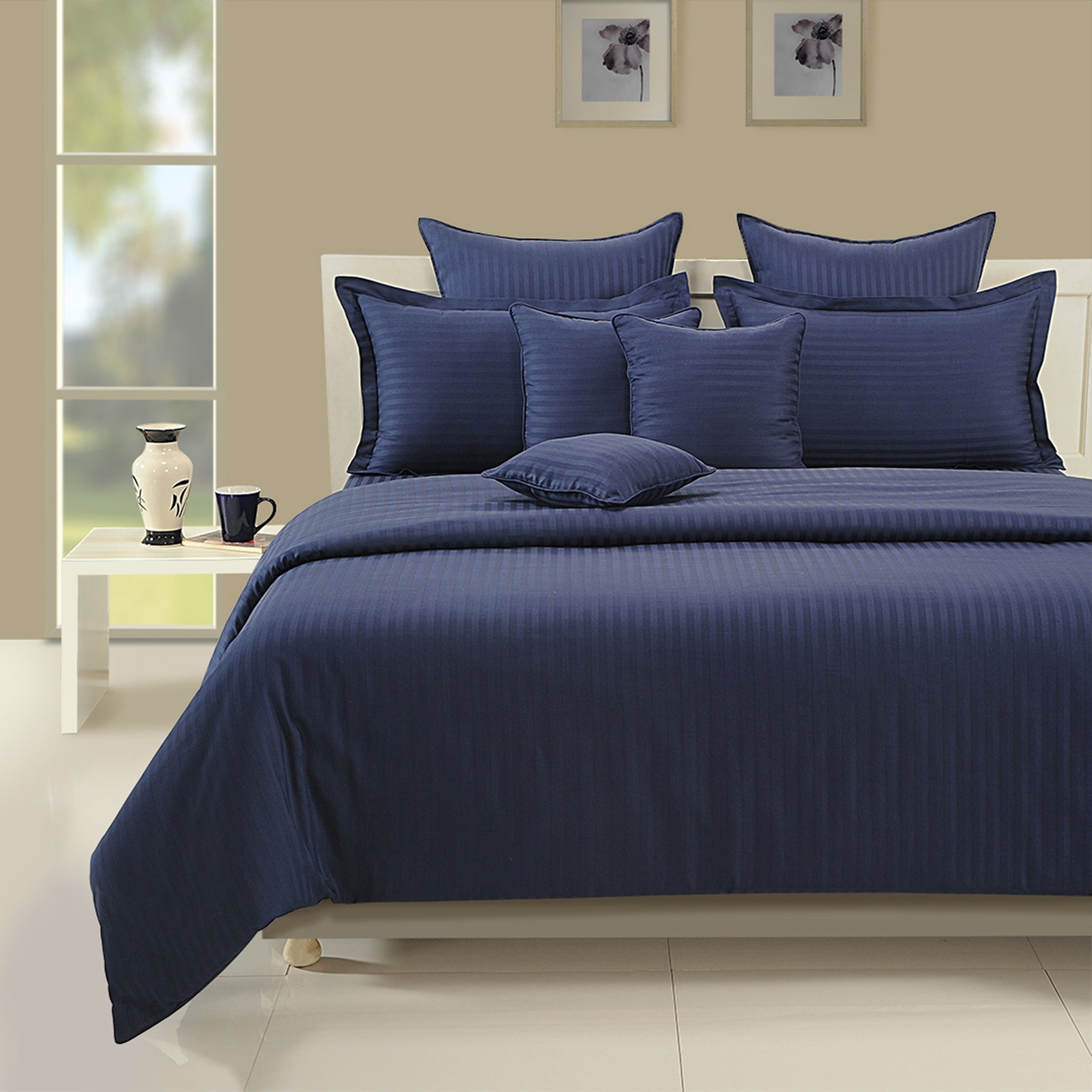 Navy Blue Pinstripe Pure Cotton 300 TC Double King Bedsheet with 2 Pillow Covers (90x108 Inches)