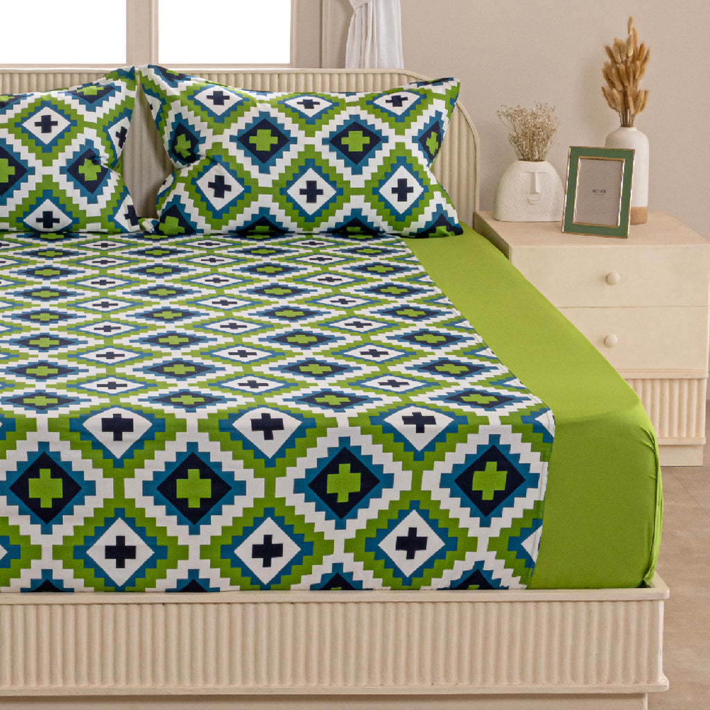 Symmetry in Spring - 200TC Vibrant Green Cotton Single Bedsheet (60x90 Inches)