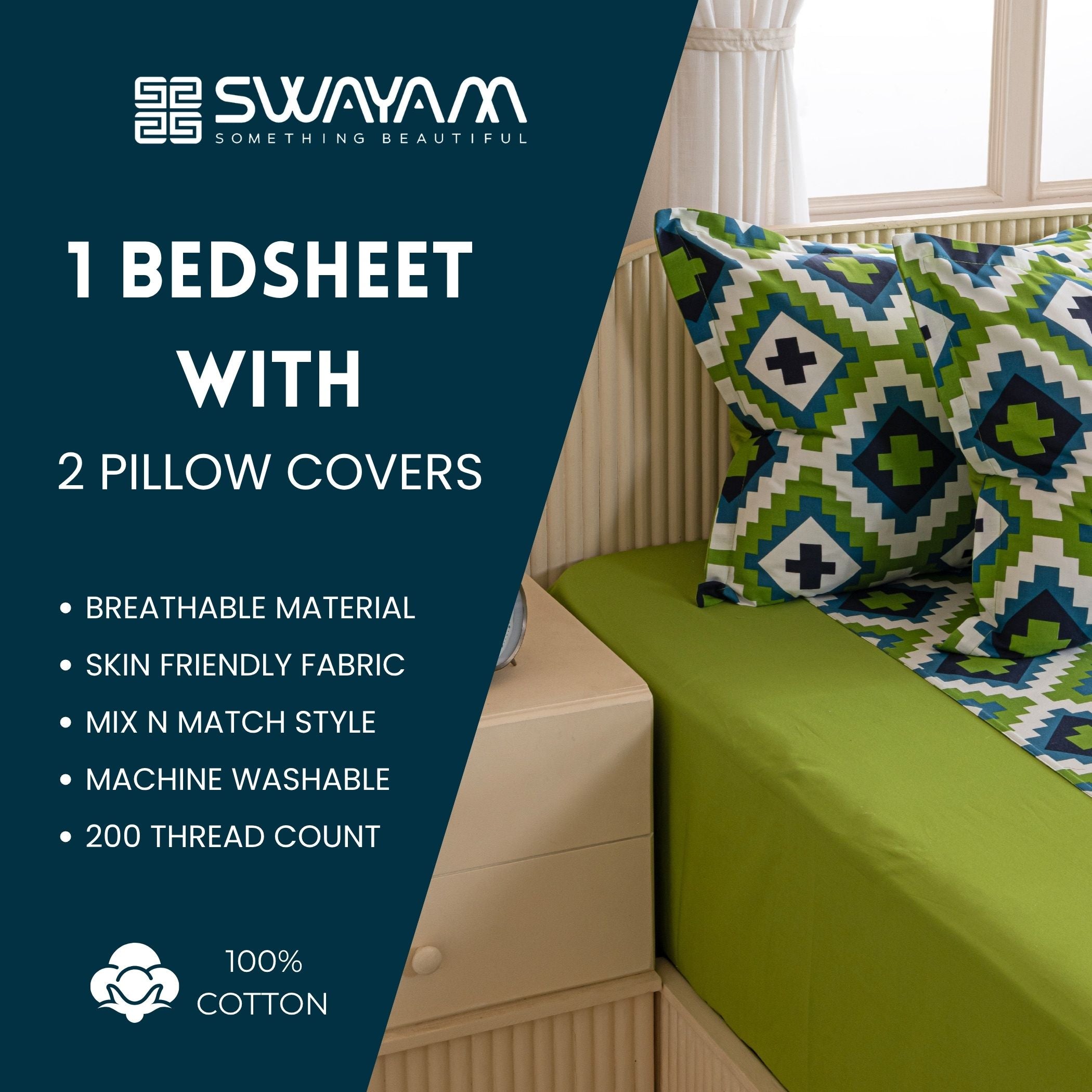 Symmetry in Spring - 200TC Vibrant Green Cotton Single Bedsheet (60x90 Inches)