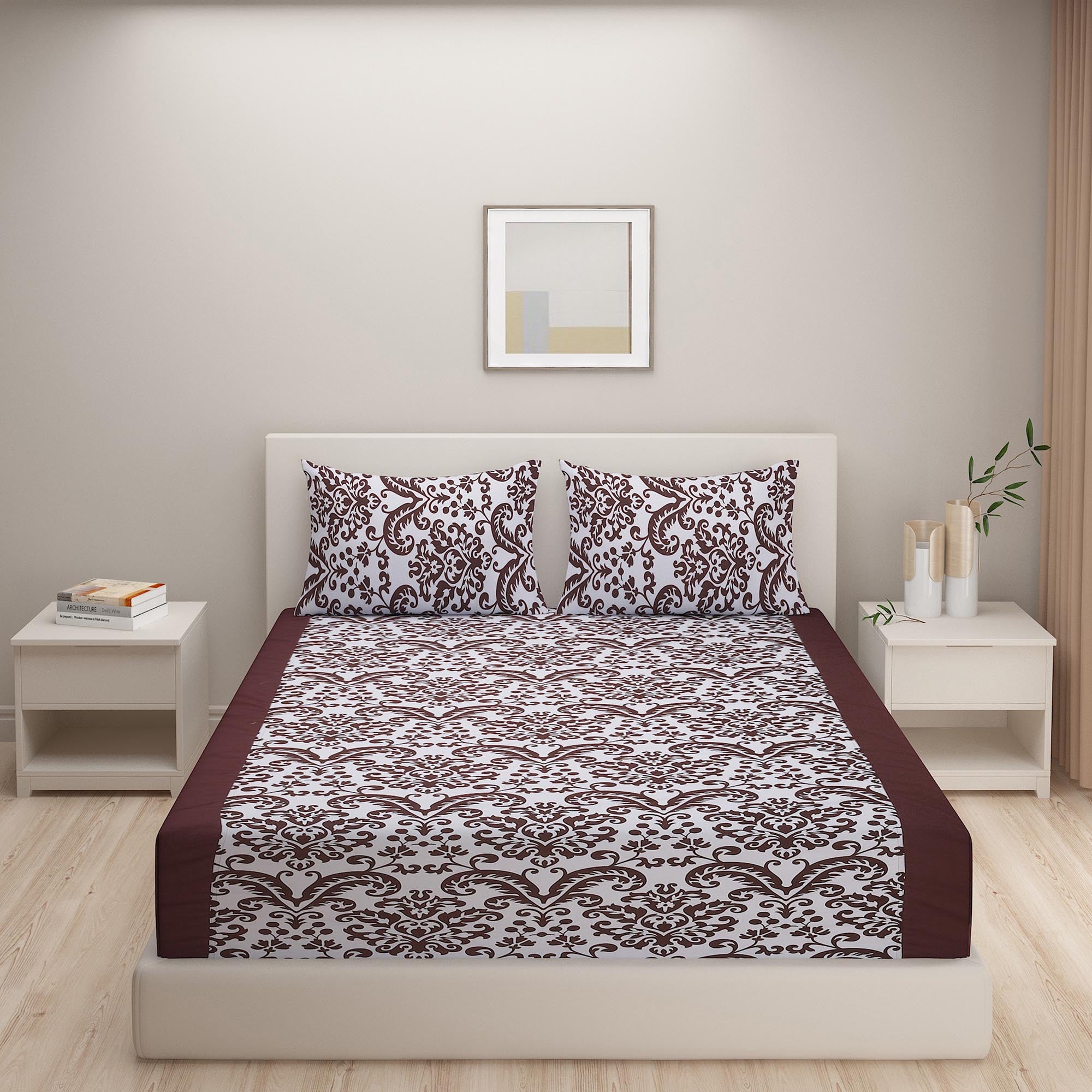 Ivory & Wine Baroque Damask Print Pure Cotton 200 TC Double King Bedsheet with 2 Pillow Covers (90x108 Inches)