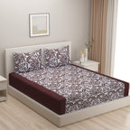 Ivory & Wine Baroque Damask Print Pure Cotton 200 TC Double King Bedsheet with 2 Pillow Covers (90x108 Inches)