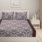 Ivory & Wine Baroque Damask Print Pure Cotton 200 TC Double King Bedsheet with 2 Pillow Covers (90x108 Inches)