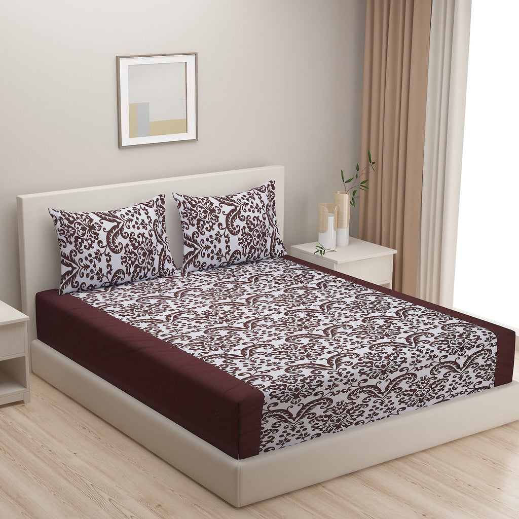 Ivory & Wine Baroque Damask Print Pure Cotton 200 TC Double King Bedsheet with 2 Pillow Covers (90x100 Inches)