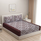 Ivory & Wine Baroque Damask Print Pure Cotton 200 TC Double King Bedsheet with 2 Pillow Covers (90x100 Inches)