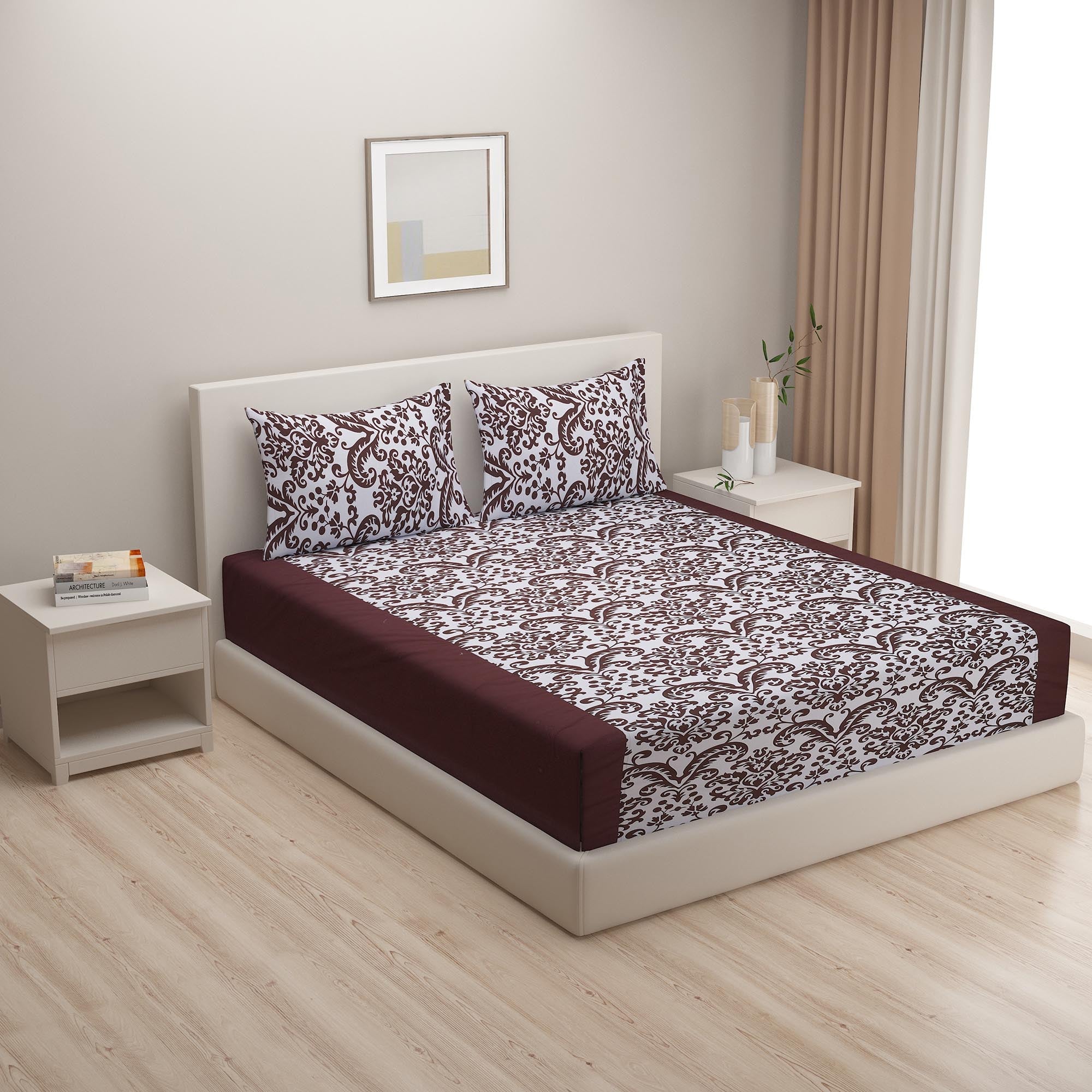 Ivory & Wine Baroque Damask Print Pure Cotton 200 TC Double King Bedsheet with 2 Pillow Covers (90x100 Inches)
