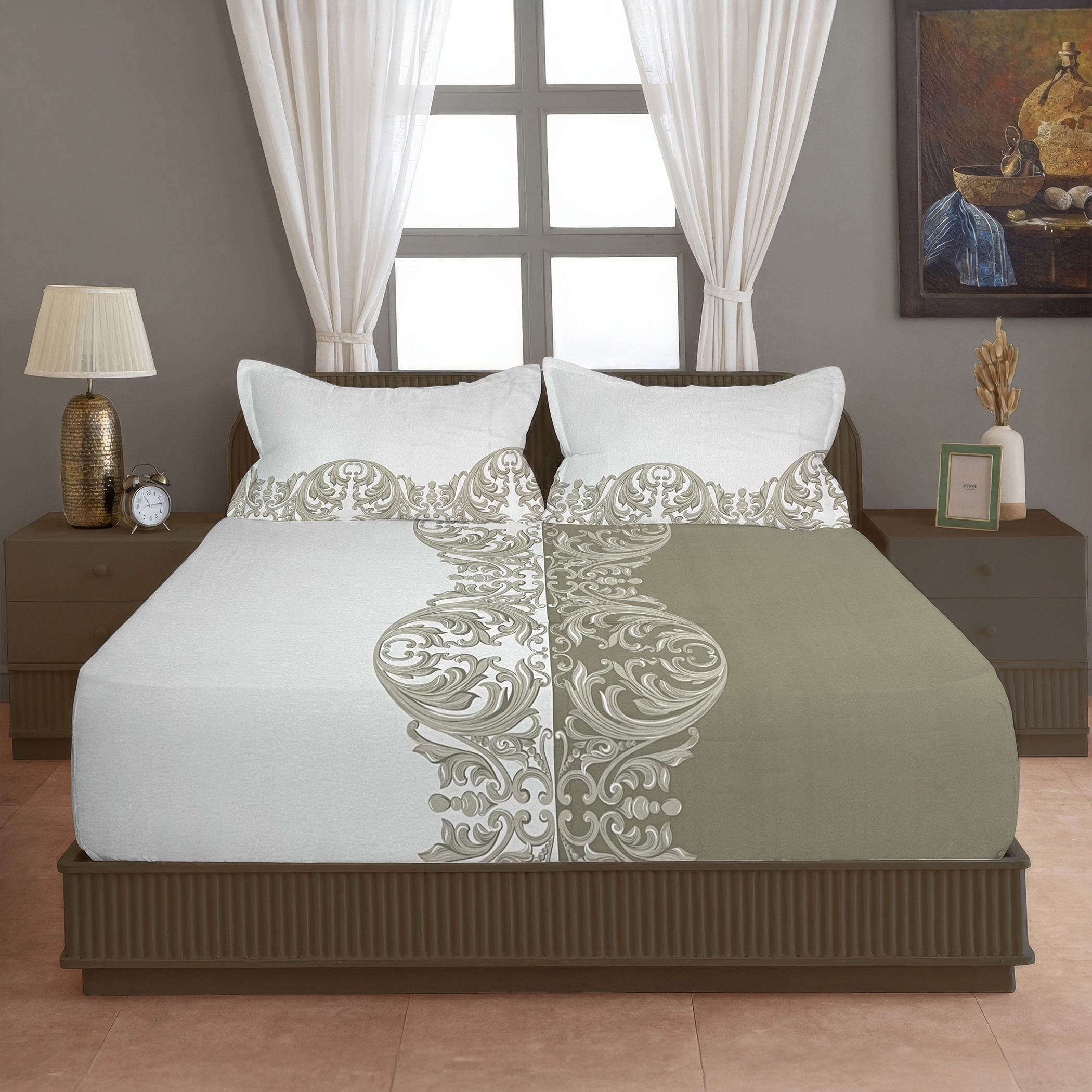 Ivory & Olive Baroque Scroll Print Pure Cotton 144 TC Super King Bedsheet with 2 Pillow Covers (108x108 Inches)