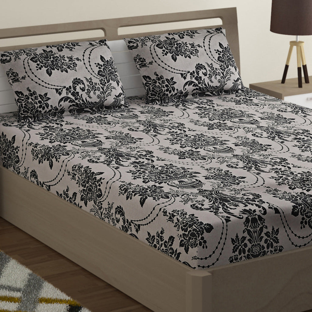 Baroque Elegance - Timeless 144TC Roto Cotton Ethnic Motif Queen Fitted Bedsheet (60x73x10 Inches)