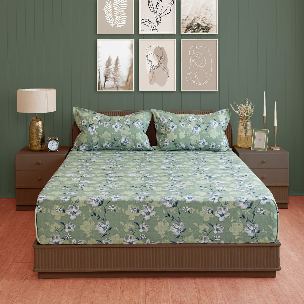 Sage Green Floral Double Queen Bedsheet with 2 Pillow Covers 144TC - Soft & Elegant Design (90x100 inches)