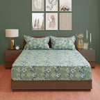 Sage Green Floral Double Queen Bedsheet with 2 Pillow Covers 144TC - Soft & Elegant Design (90x100 inches)