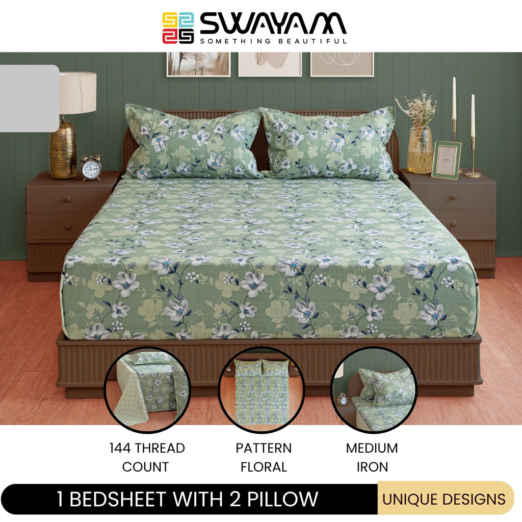 Sage Green Floral Double Queen Bedsheet with 2 Pillow Covers 144TC - Soft & Elegant Design (90x100 inches)