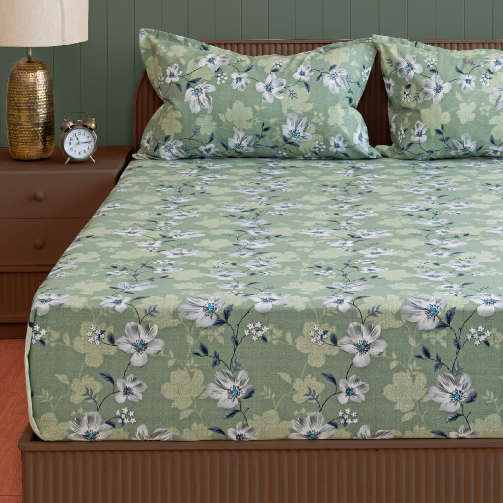 Sage Green Floral Double Queen Bedsheet with 2 Pillow Covers 144TC - Soft & Elegant Design (90x100 inches)