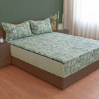 Sage Green Floral Double Queen Bedsheet with 2 Pillow Covers 144TC - Soft & Elegant Design (90x100 inches)