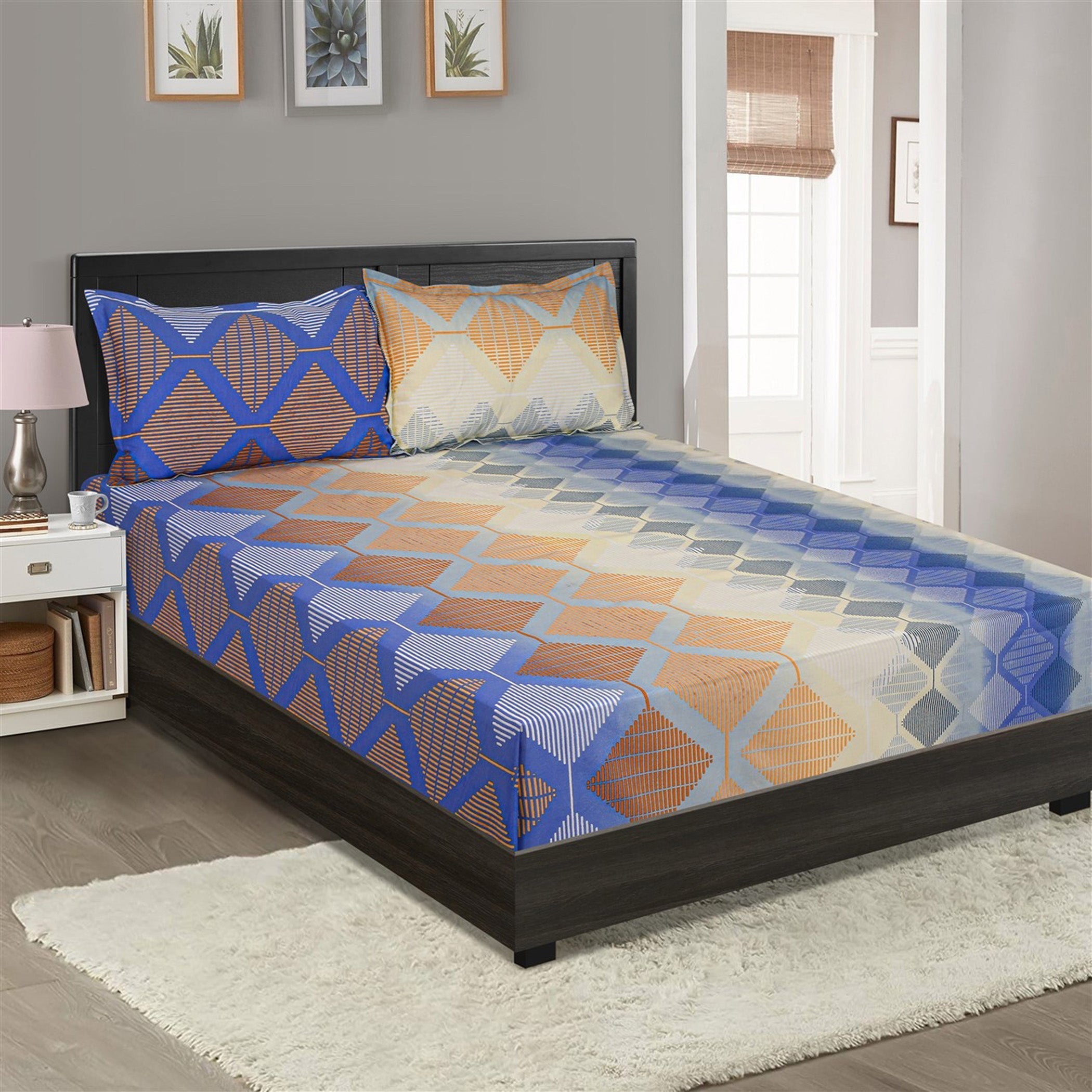 Blue & Beige Geometric Double Queen Bedsheet with 2 Pillow Covers 144TC (90x100 inches)