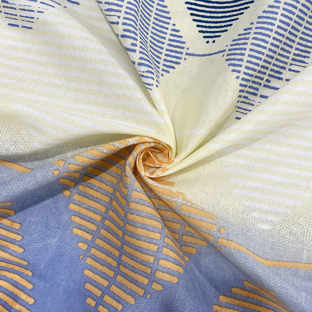 Blue & Beige Geometric King Fitted Bedsheet with 2 Pillow Covers 144TC (72x78x10 inches)