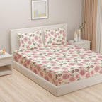 Cream & Pink Floral Print Pure Cotton 144 TC Double Queen Bedsheet with 2 Pillow Covers (90x100 Inches)