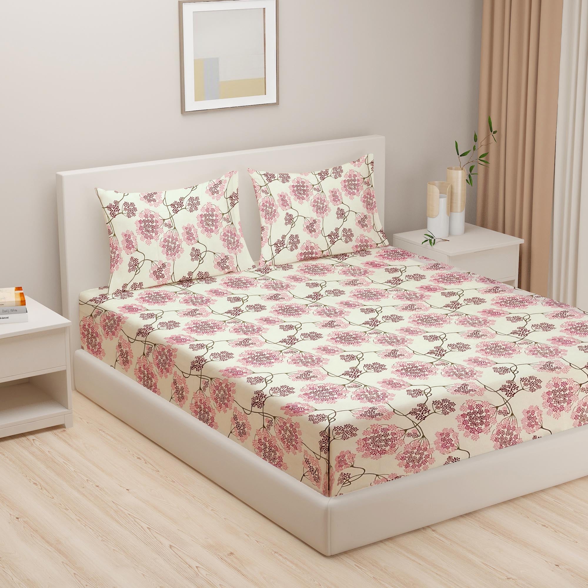Cream & Pink Floral Print Pure Cotton 144 TC Double King Bedsheet with 2 Pillow Covers (90x108 Inches)